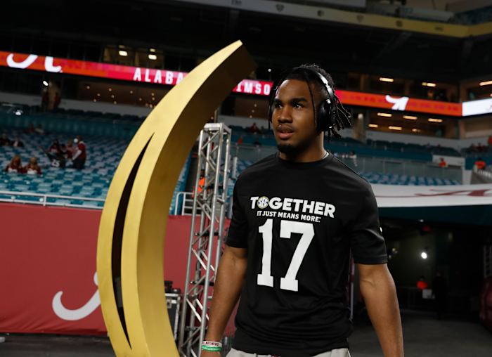 January 11, 2021, Alabama wide receiver Jaylen Waddle before CFP National Championship in Miami, FL.